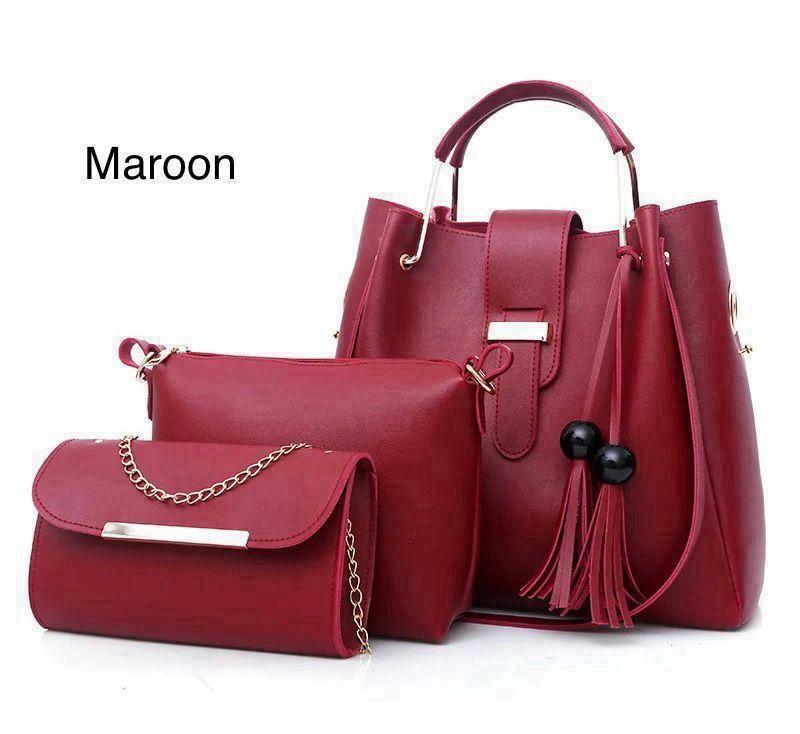 Maroon Women's 3-Piece Leather Handbag Set