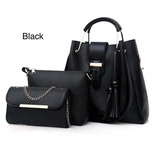 Black Women's 3-Piece Leather Handbag Set